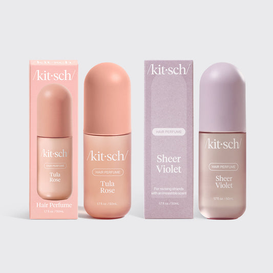Kitsch Pretty in Bloom Duo – Tula Rose and Sheer Violet hair perfumes paired on a soft floral background