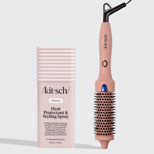 Kitsch Heat Protectant + Thermal Round Brush Bundle on a soft neutral background – spray and brush together