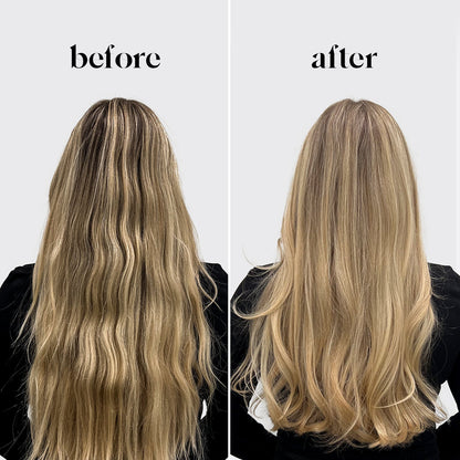 Before and after: highlighted blonde hair toning result with KITSCH Purple Toning + Biotin Solid Conditioner Bar — before shows brassy, warm-toned highlights; after shows brightened, cool-toned blonde with brassiness eliminated — safe for color-treated, highlighted and silver hair