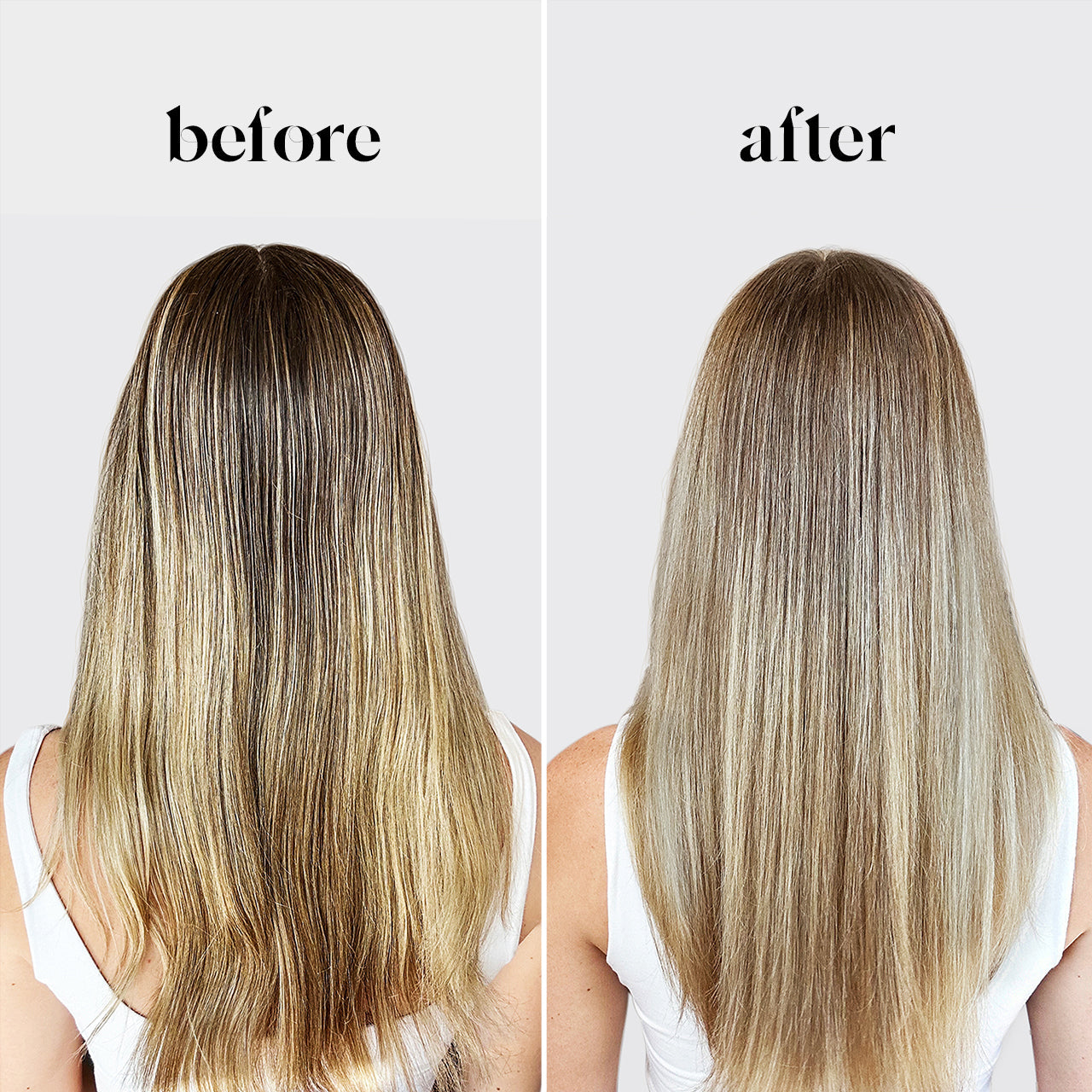Before and after: straight blonde hair transformation using KITSCH Purple Toning + Biotin Solid Conditioner Bar — before shows brassy, warm-toned blonde hair; after shows cooler, neutralized blonde with reduced yellow undertones for color-treated and highlighted hair
