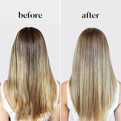 Before and after: straight blonde hair transformation using KITSCH Purple Toning + Biotin Solid Conditioner Bar — before shows brassy, warm-toned blonde hair; after shows cooler, neutralized blonde with reduced yellow undertones for color-treated and highlighted hair