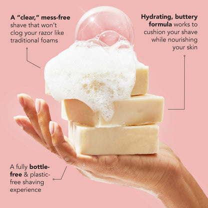 KITSCH Solid Shave Butter — product infographic showing top features — Provides a clear, mess-free shave that won't clog your razor like traditional foams — free of parabens, phthalates, silicones, sulfates, & artificial fragrance
