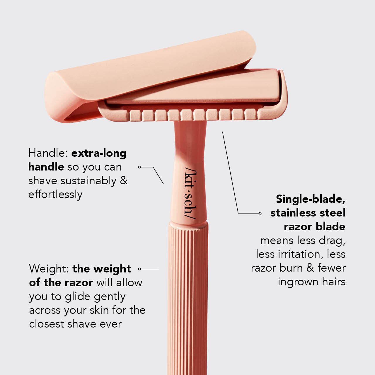 Perfect Glide Safety Razor showing key features including a smooth glide design and reusable razor handle.
