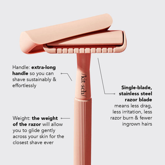Perfect Glide Safety Razor showing key features including a smooth glide design and reusable razor handle.