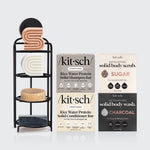 KITSCH Build Your Own Shampoo & Conditioner with FREE Self-Draining Shower Caddy — hero lifestyle — Rice Water bars with shower caddy — complete bundle flat lay