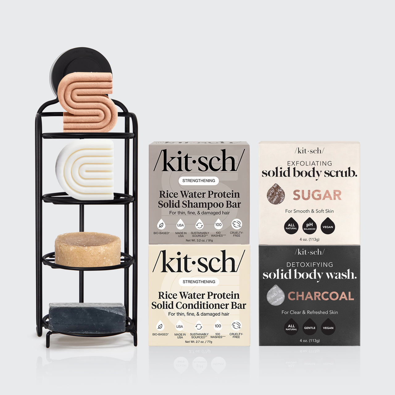 KITSCH Build Your Own Shampoo & Conditioner with FREE Self-Draining Shower Caddy — hero lifestyle — Rice Water bars with shower caddy — complete bundle flat lay