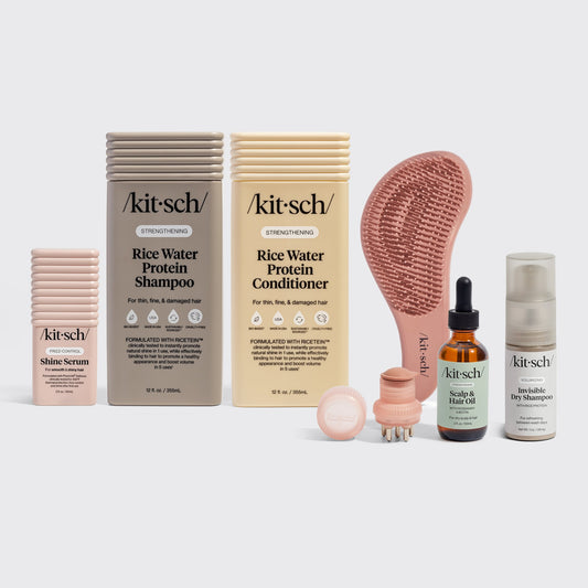 KITSCH Hair Growth Shampoo Bundle — hero flat lay — Rice Water Protein Liquid Shampoo + Conditioner + Glass Hair Shine Serum + Detangling Brush + Scalp Oil — complete hair growth routine