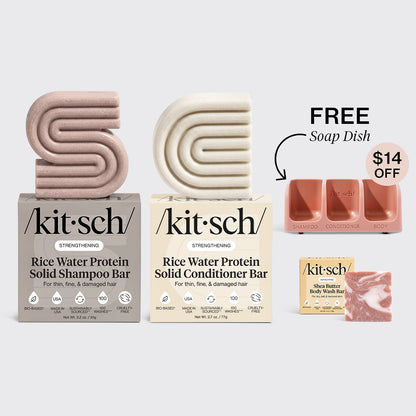 KITSCH Strengthening Rice Water Trio & Terracotta Soap Dish Bundle — hero bundle flat lay on light gray background — Rice Water Protein Solid Shampoo Bar + Solid Conditioner Bar + Shea Butter Body Wash Bar + FREE terracotta self-draining soap dish — $14 OFF — For thin, fine, & damaged hair