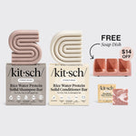 KITSCH Strengthening Rice Water Trio & Terracotta Soap Dish Bundle — hero bundle flat lay on light gray background — Rice Water Protein Solid Shampoo Bar + Solid Conditioner Bar + Shea Butter Body Wash Bar + FREE terracotta self-draining soap dish — $14 OFF — For thin, fine, & damaged hair