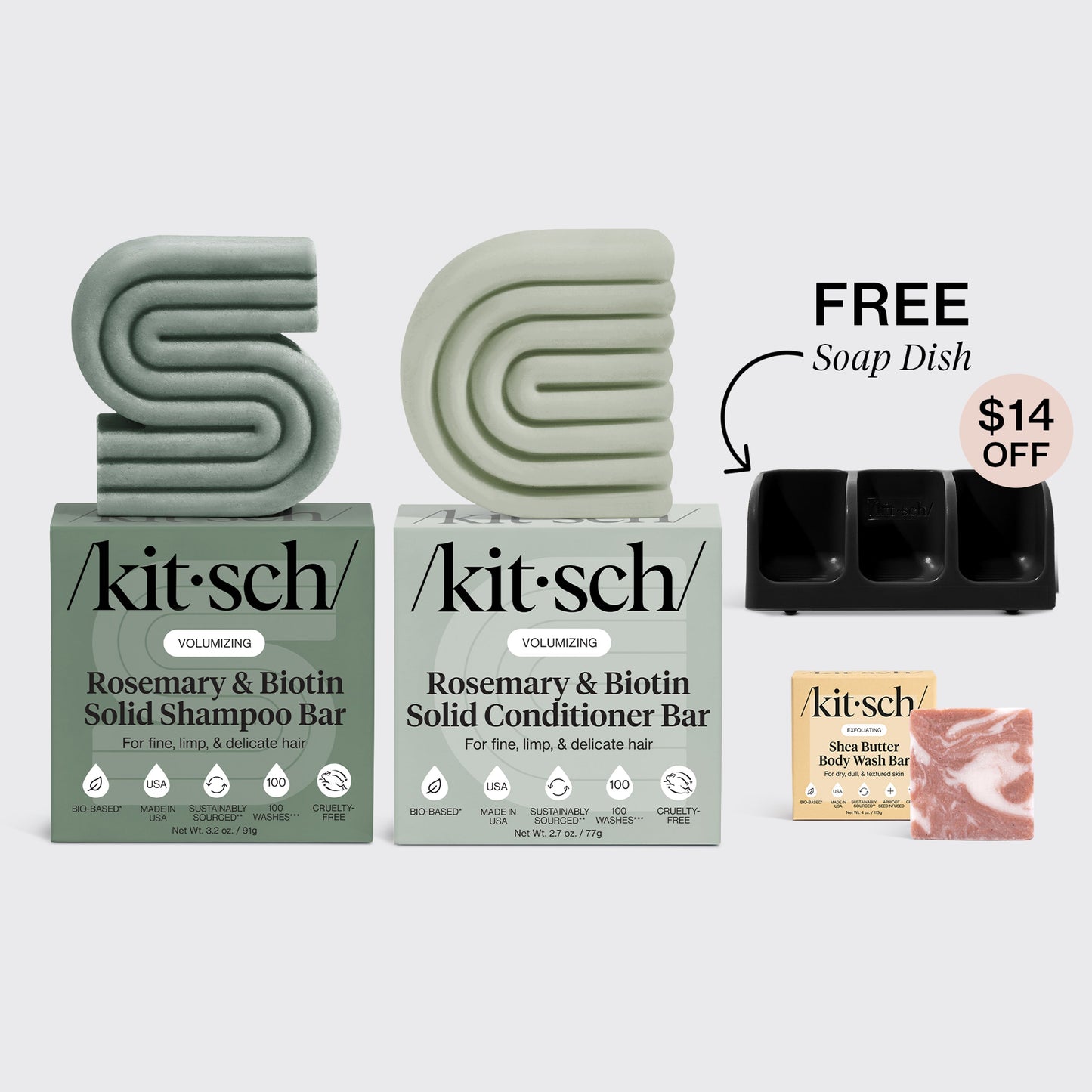KITSCH Volumizing Rosemary Black Self Draining Soap Dish Bundle — hero bundle flat lay — Rosemary & Biotin Shampoo & Conditioner Bar Combo + Shea Butter Body Wash Bar + FREE Black Self-Draining Soap Dish