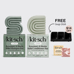 KITSCH Volumizing Rosemary Black Self Draining Soap Dish Bundle — hero bundle flat lay — Rosemary & Biotin Shampoo & Conditioner Bar Combo + Shea Butter Body Wash Bar + FREE Black Self-Draining Soap Dish