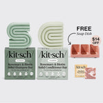 KITSCH Volumizing Rosemary Terracotta Self Draining Soap Dish Bundle — hero bundle flat lay — Rosemary & Biotin Shampoo & Conditioner Bar Combo + Shea Butter Body Wash Bar + FREE Terracotta Self-Draining Soap Dish