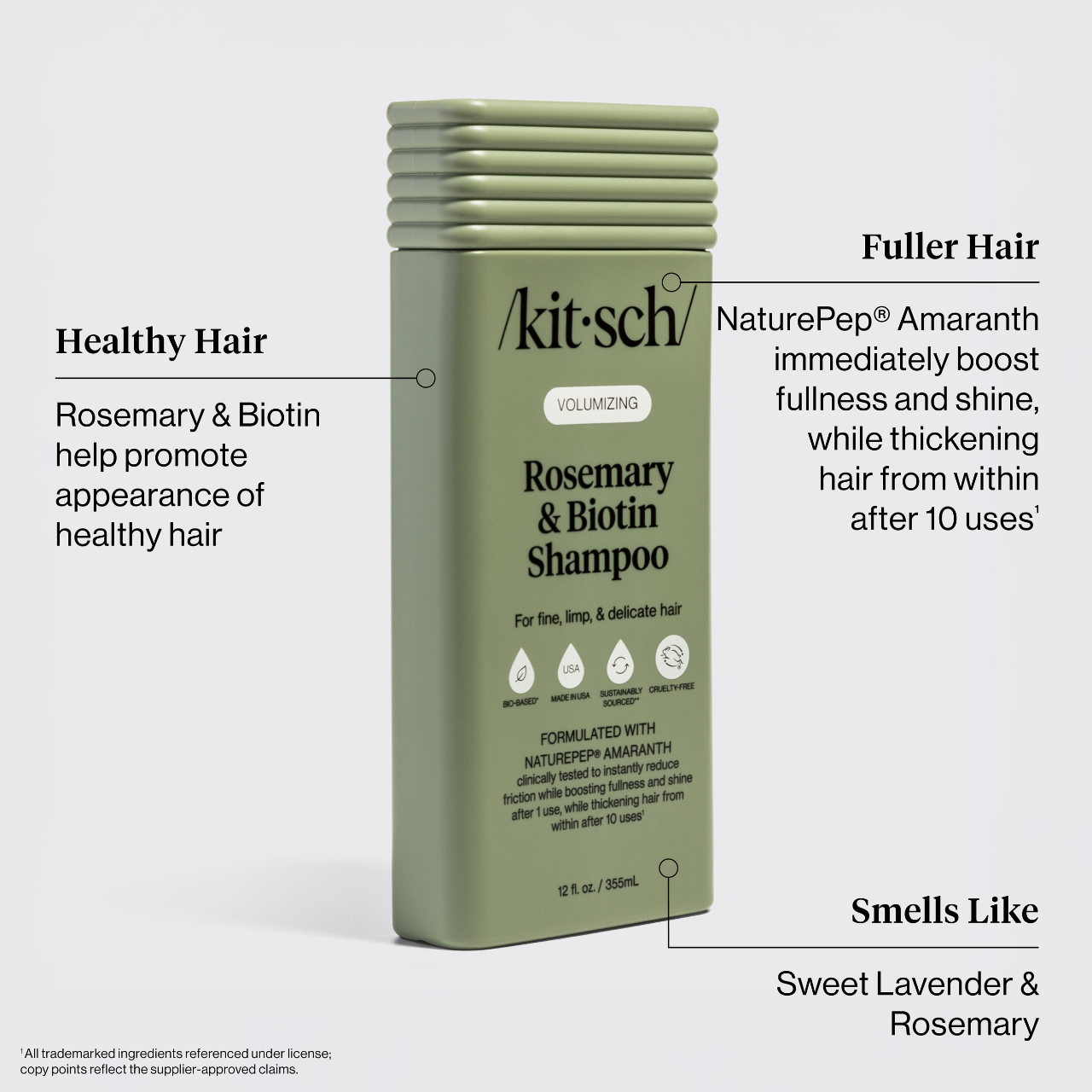 Kitsch Volumizing Rosemary & Biotin Shampoo product features. Benefits include: Healthy Hair: Rosemary & Biotin promote the appearance of healthy hair. Fuller Hair: NaturePep Amaranth boosts fullness and shine, thickening hair after 10 uses. Scent: Sweet Lavender & Rosemary.