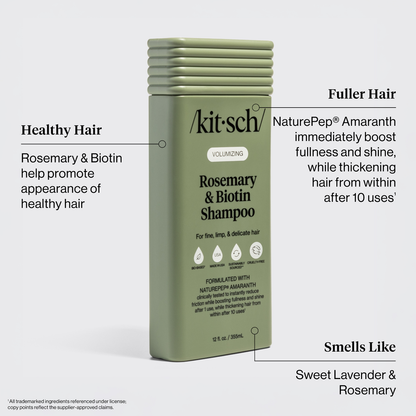 Kitsch Volumizing Rosemary & Biotin Shampoo product features. Benefits include: Healthy Hair: Rosemary & Biotin promote the appearance of healthy hair. Fuller Hair: NaturePep Amaranth boosts fullness and shine, thickening hair after 10 uses. Scent: Sweet Lavender & Rosemary.