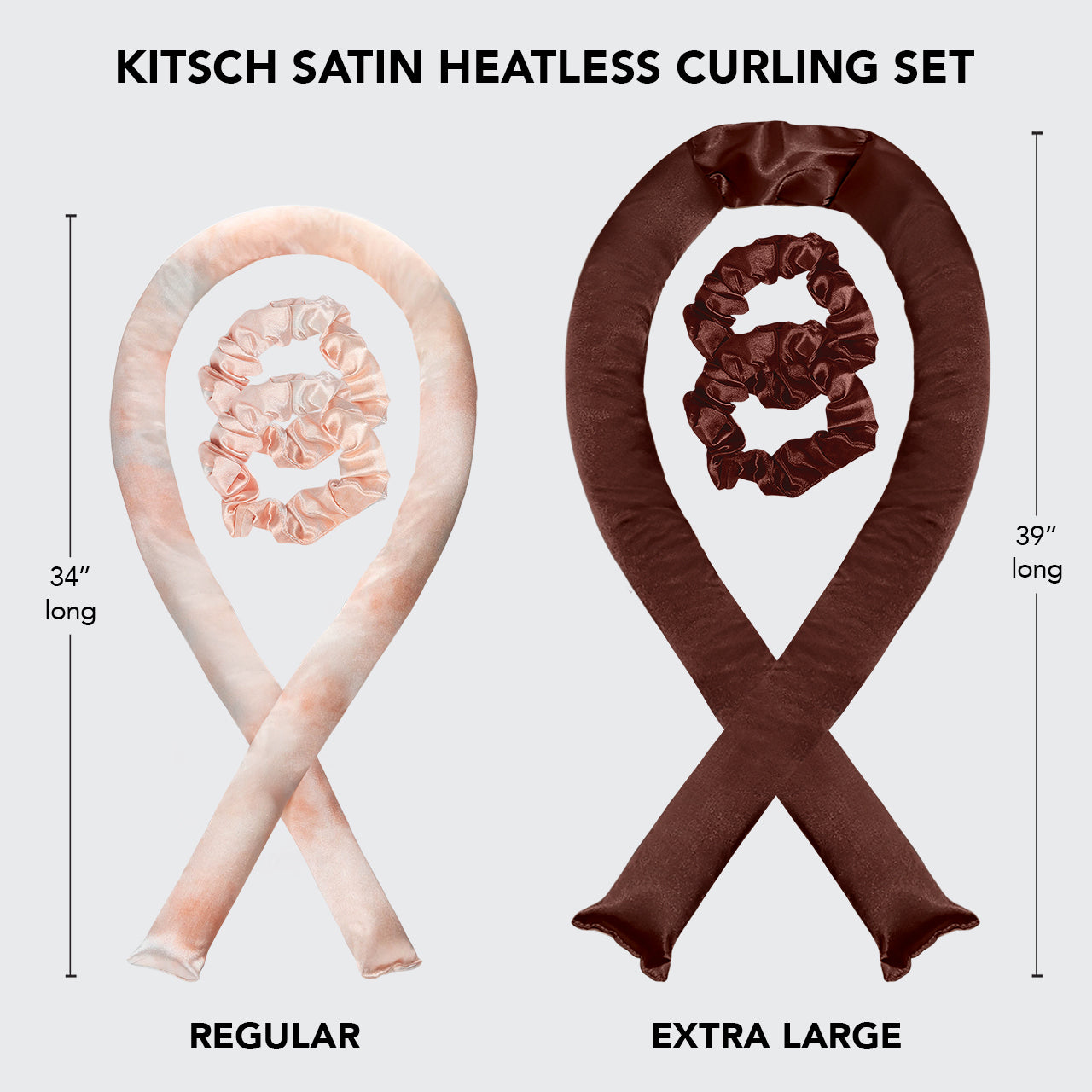 Comparison graphic showing different Kitsch heatless curling rod options and satin curl styles.