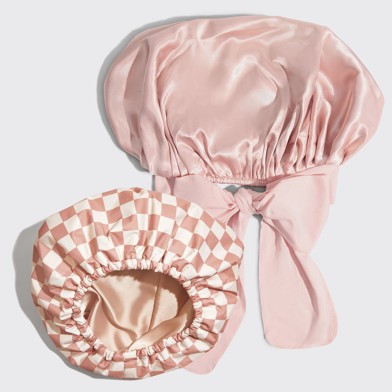 KITSCH Satin Lined Flexi Shower Cap + Blush Oversized Satin Bonnet Bundle — hero flat lay