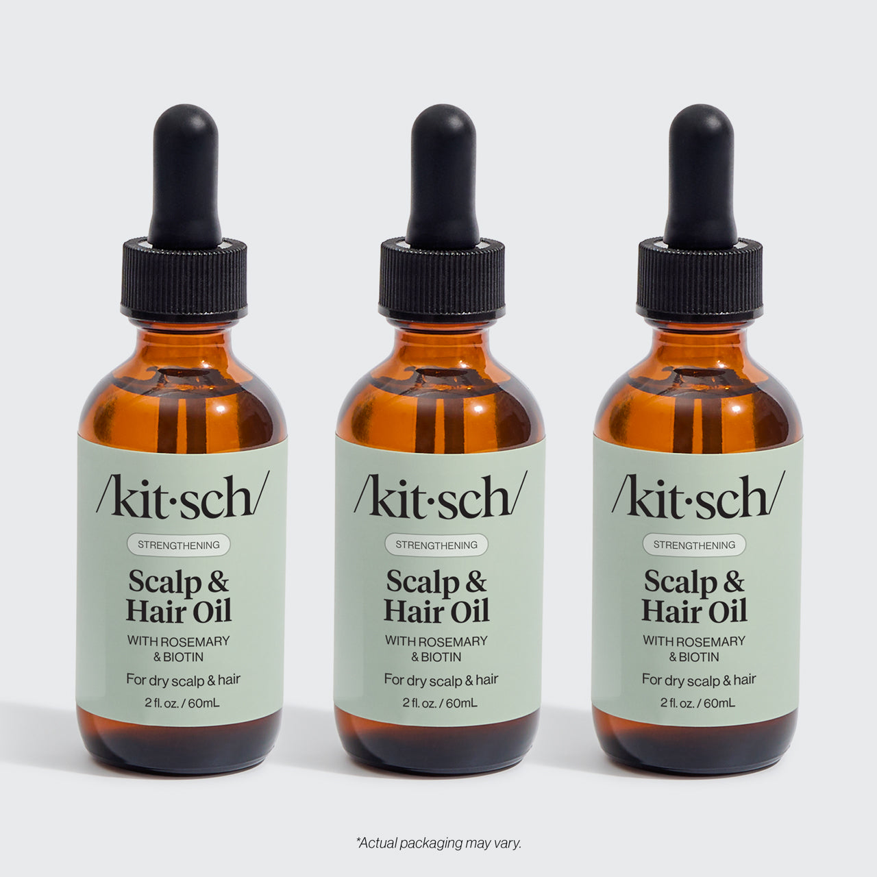 KITSCH Strengthening Rosemary & Biotin Scalp & Hair Oil 3-Pack — hero product shot — three 2fl oz./60mL bottles — 100% plant-based oil with rosemary extract and biotin — stock up and save