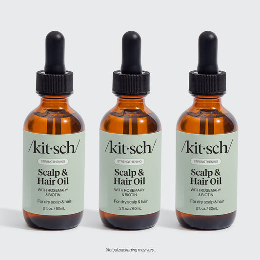 KITSCH Strengthening Rosemary & Biotin Scalp & Hair Oil 3-Pack — hero product shot — three 2fl oz./60mL bottles — 100% plant-based oil with rosemary extract and biotin — stock up and save