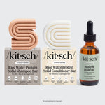 Kitsch Hair Growth Bundle – Rosemary & Biotin Scalp Oil with Rice Water Shampoo and Conditioner bars on a soft neutral background