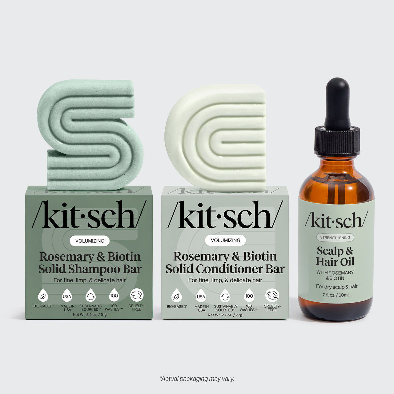 KITSCH Rosemary & Biotin Trio — hero flat lay — Volumizing Rosemary & Biotin Shampoo Bar + Conditioner Bar + Scalp & Hair Oil — complete volumizing hair growth trio
