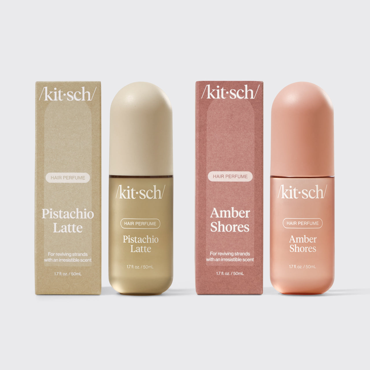 Kitsch Seaside Latte Duo – Pistachio Latte and Amber Shores hair perfumes paired on a warm neutral background