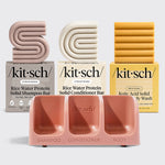 KITSCH Rice Water Shampoo & Conditioner with Kojic Acid Bundle — hero flat lay — Rice Water Shampoo & Conditioner Bars + Kojic Acid Face & Body Wash + FREE Terracotta Soap Dish — complete brightening routine