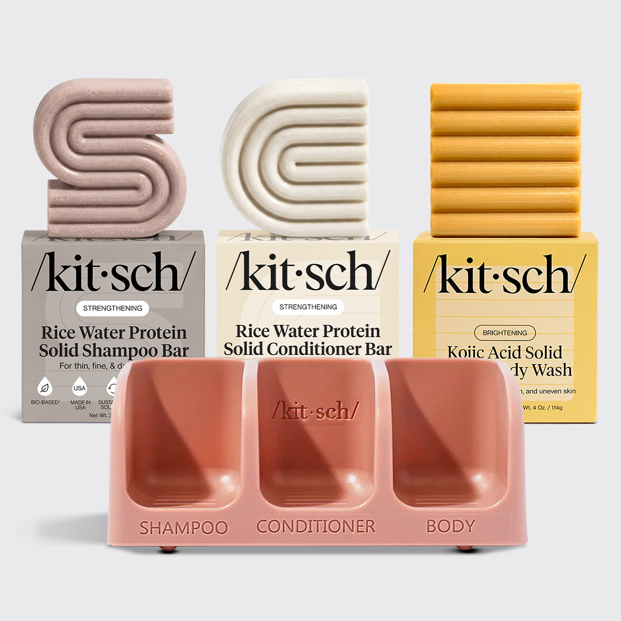 KITSCH Rice Water Shampoo & Conditioner with Kojic Acid Bundle — hero flat lay — Rice Water Shampoo & Conditioner Bars + Kojic Acid Face & Body Wash + FREE Terracotta Soap Dish — complete brightening routine