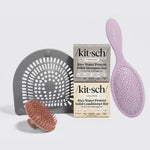 KITSCH Spring Welcome Kit Rice Water — hero bundle shot — Rice Water Shampoo Bar, Conditioner Bar, Soft Violet Wet/Dry Brush, Terracotta Scalp Exfoliator & Hair Catcher — strengthens & volumizes fine, thin hair