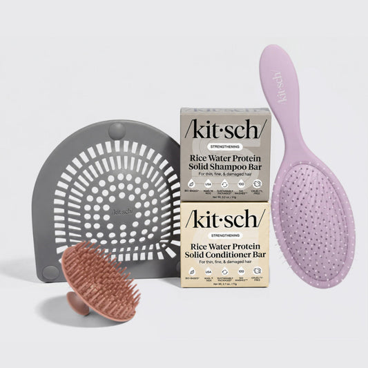 KITSCH Spring Welcome Kit Rice Water — hero bundle shot — Rice Water Shampoo Bar, Conditioner Bar, Soft Violet Wet/Dry Brush, Terracotta Scalp Exfoliator & Hair Catcher — strengthens & volumizes fine, thin hair