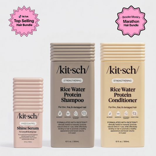 Brooke Monk’s Marathon-Tested Hair Bundle by Kitsch – Rice Water Protein Shampoo, Conditioner, and Shine Serum together on a neutral background