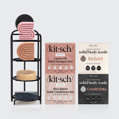 KITSCH Build Your Own Shampoo & Conditioner with FREE Self-Draining Shower Caddy — product detail — nourishing hair bundle bars arranged — moisture and strength benefits
