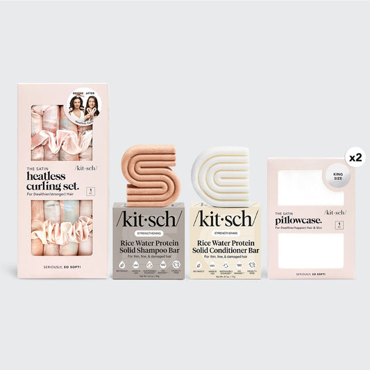 KITSCH Ultimate Best Sellers Bundle - King — hero shot — rice water bars, king pillowcase, and heatless curler