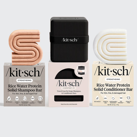 KITSCH Build Your Own FREE Travel Case Bundle — flat lay showing Rice Water shampoo and conditioner bars with black travel case — sustainable bottle-free beauty routine — compact 2-compartment case holds both bars