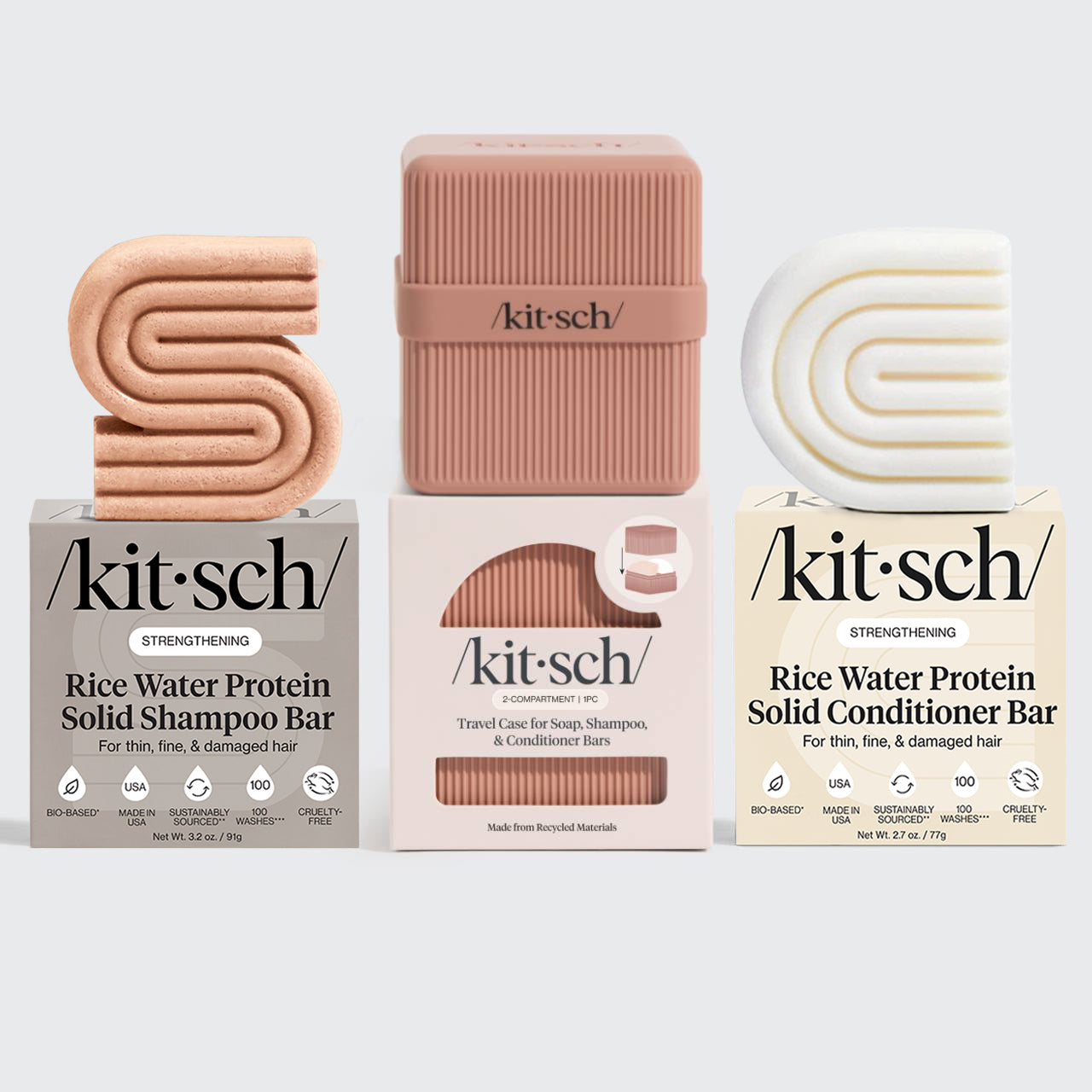 KITSCH Build Your Own FREE Travel Case Bundle — flat lay showing Rice Water shampoo and conditioner bars with terracotta travel case — eco-friendly solid bars eliminate plastic bottles — perfect TSA-approved travel hair care set