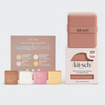 Kitsch Pack Light Minis travel bundle with mini bars of shampoo, conditioner, and body wash on a soft background