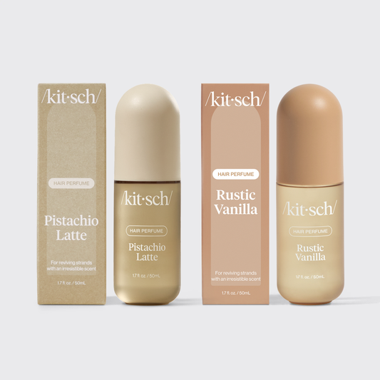 Kitsch Vanilla Pistachio Dream Duo – Pistachio Latte and Rustic Vanilla hair perfumes paired on a warm neutral background
