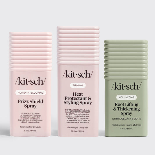 KITSCH Volume Control Bundle — product flat lay — Root Lifting Spray, Humidity-Blocking Frizz Shield Spray, and Heat Protectant Styling Mist — three-product volumizing hair system