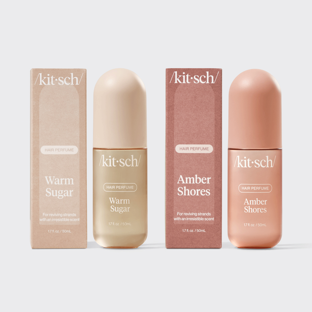 Kitsch Vanilla Vacation Duo – Warm Sugar and Amber Shores hair perfumes paired on a soft warm background