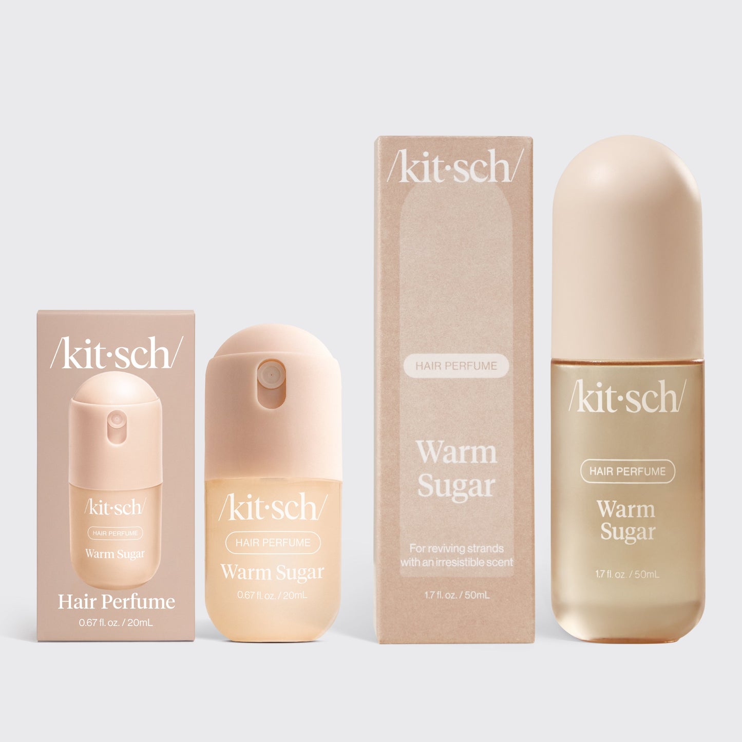 KITSCH Warm Sugar Hair & Body Mist + Mini Duo — full-size 1.7 fl oz bottle beside 20 mL travel mini on a soft pink background — sweet gourmand scent in two sizes