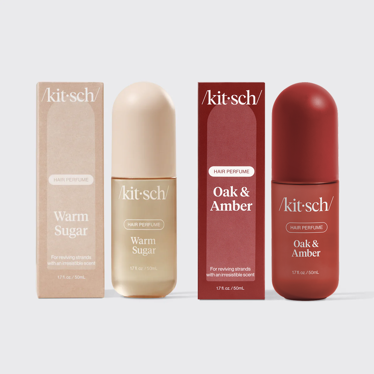 Kitsch Ember Retreat Duo – Warm Sugar and Oak & Amber hair perfumes paired on a warm neutral background