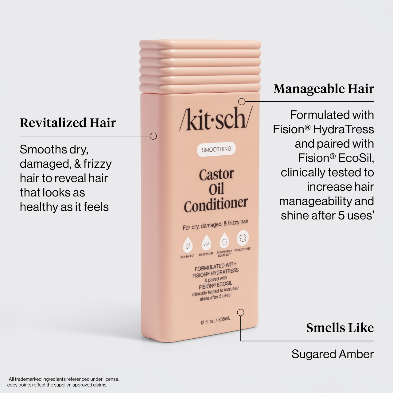 Kitsch Castor Oil Conditioner packaging with product features highlighted on a white background; features include: Revitalized Hair — Smooths dry, damaged, & frizzy hair to reveal hair that looks as healthy as it feels. Manageable Hair — Formulated with Fision® HydraTress and paired with Fision® EcoSil, clinically tested to increase hair manageability and shine after 5 uses. Smells Like — Sugared Amber
