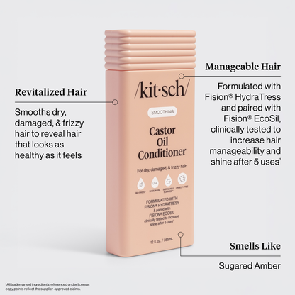 Kitsch Castor Oil Conditioner packaging with product features highlighted on a white background; features include: Revitalized Hair — Smooths dry, damaged, & frizzy hair to reveal hair that looks as healthy as it feels. Manageable Hair — Formulated with Fision® HydraTress and paired with Fision® EcoSil, clinically tested to increase hair manageability and shine after 5 uses. Smells Like — Sugared Amber