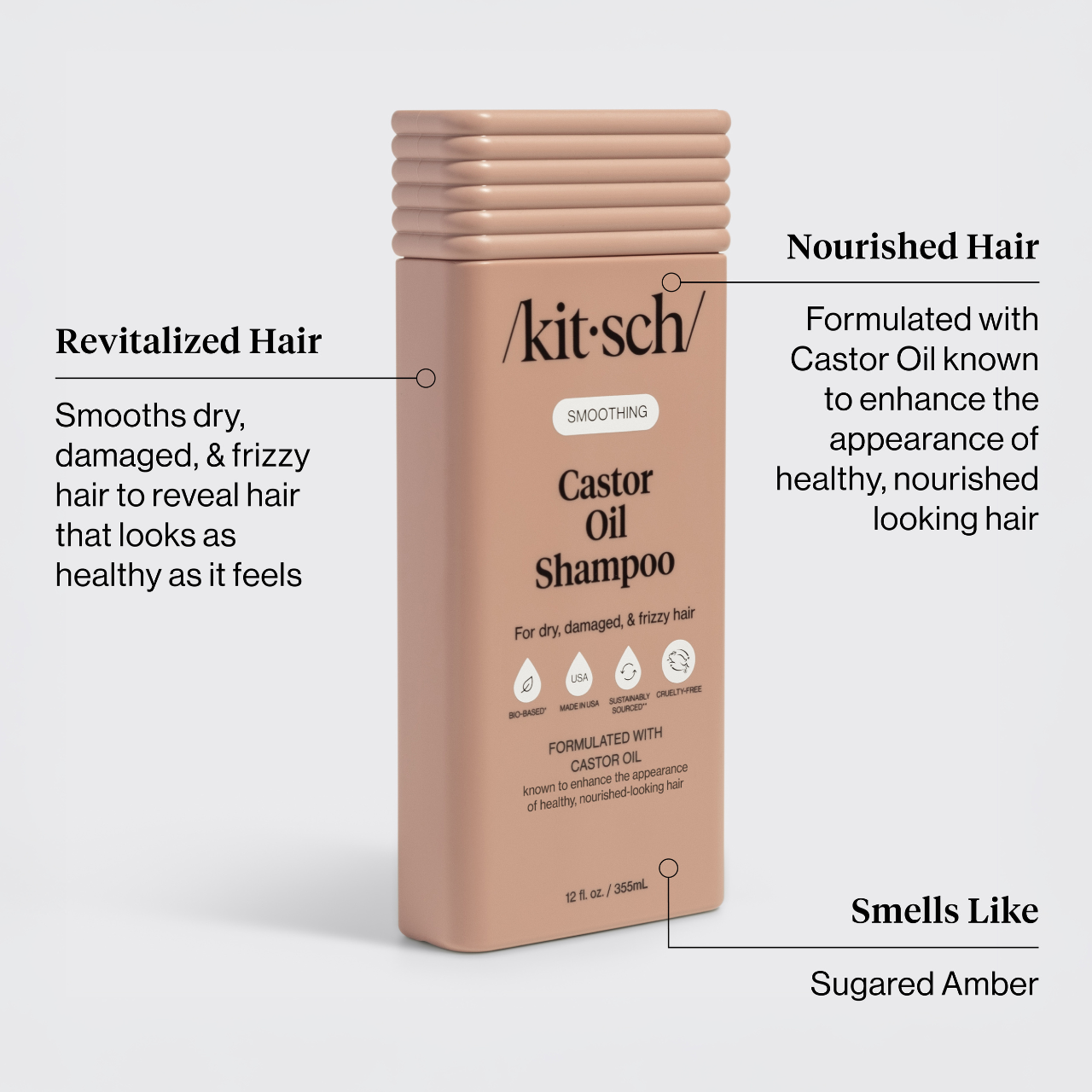 Kitsch Castor Oil Shampoo bottle with product features on a white background. Product features read: revitalized hair- smooths dry, damaged, & frizzy hair to reveal hair that looks as healthy as it feel, nourished hair - formulated with castor oil known to enhance the appearance of healthy, nourished looking hair, smell like - sugared amber