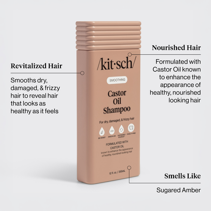 Kitsch Castor Oil Shampoo bottle with product features on a white background. Product features read: revitalized hair- smooths dry, damaged, & frizzy hair to reveal hair that looks as healthy as it feel, nourished hair - formulated with castor oil known to enhance the appearance of healthy, nourished looking hair, smell like - sugared amber