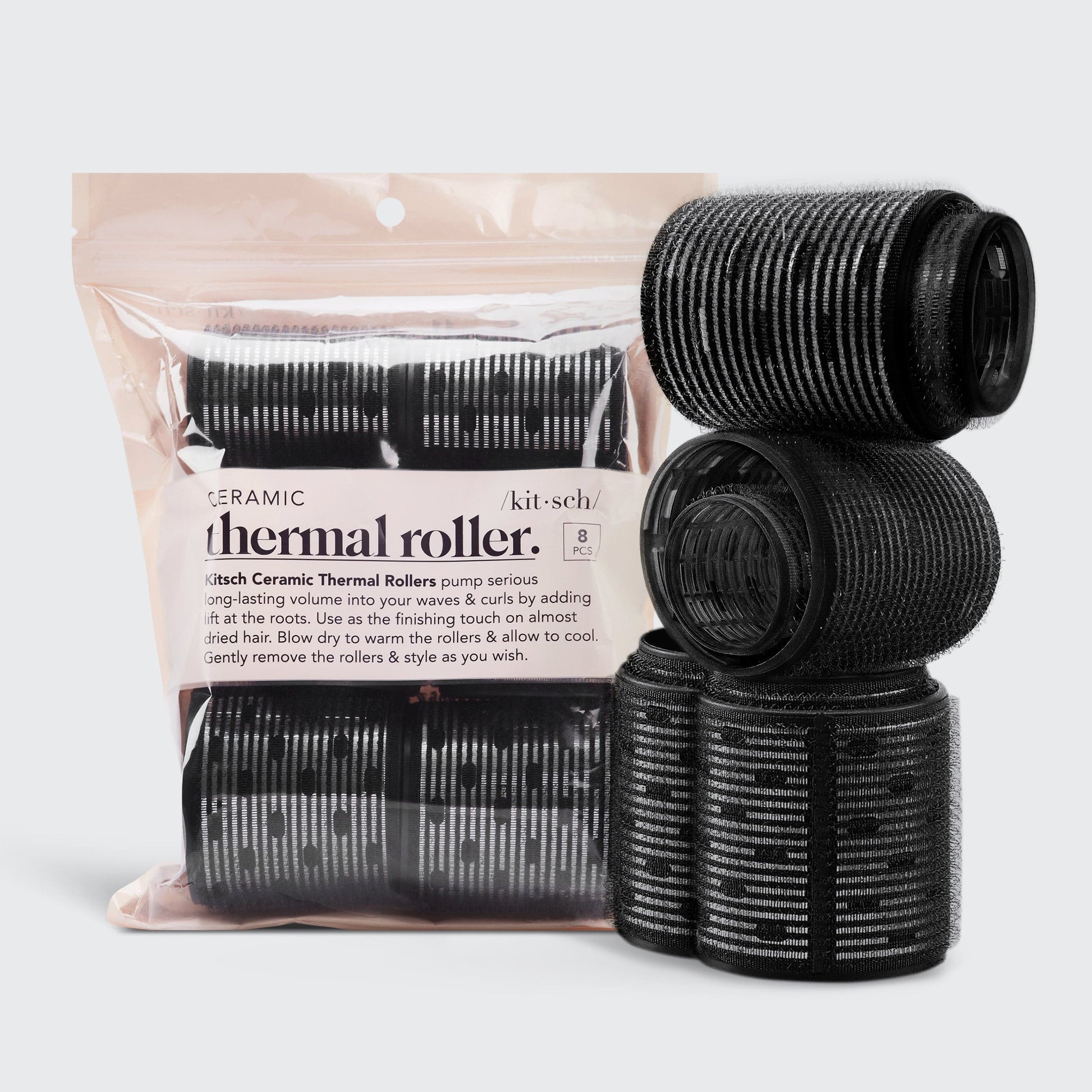 Kitsch Ceramic Thermal Rollers 8pc Set — includes 2×1.5", 4×2", and 2×2.25" self-gripping ceramic rollers in black