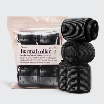 Kitsch Ceramic Thermal Rollers 8pc Set — includes 2×1.5", 4×2", and 2×2.25" self-gripping ceramic rollers in black