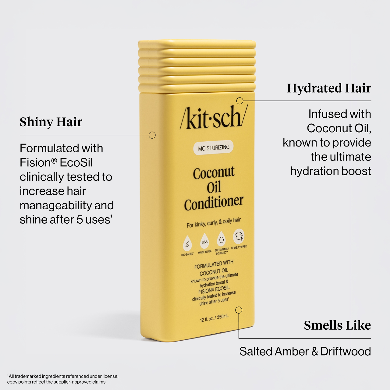 KITSCH Coconut Oil Conditioner features: shiny hydrated hair, Fision EcoSil clinically tested, Salted Amber & Driftwood scent