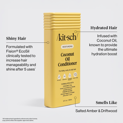 KITSCH Coconut Oil Conditioner features: shiny hydrated hair, Fision EcoSil clinically tested, Salted Amber & Driftwood scent