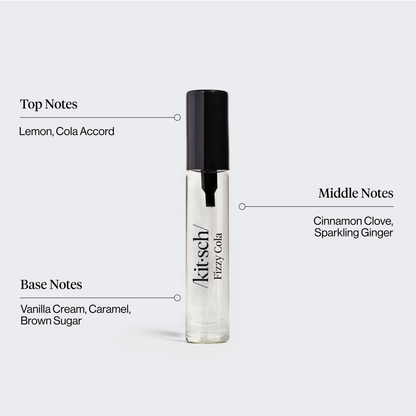 KITSCH Movie Theater Hair Perfume Trio Set — Fizzy Cola scent infographic — Smells Like: lemon, sparkling ginger & brown sugar — Citrusy, effervescent & playful fragrance — Smell like a snack — Patented technology eliminates odors at the source — A quick way to refresh your hair between washes