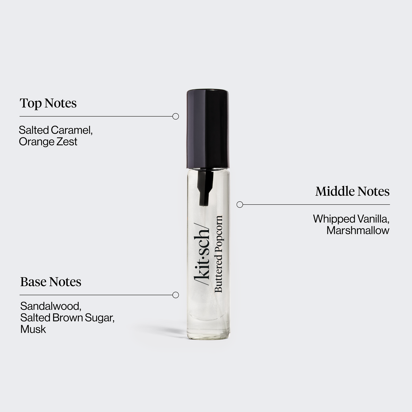 KITSCH Movie Theater Hair Perfume Trio Set — Buttered Popcorn scent infographic — Smells Like: salted caramel, marshmallow & creamy sandalwood — Sweet, gourmand & comforting fragrance — Smell like a snack — Patented technology eliminates odors at the source — A quick way to refresh your hair between washes